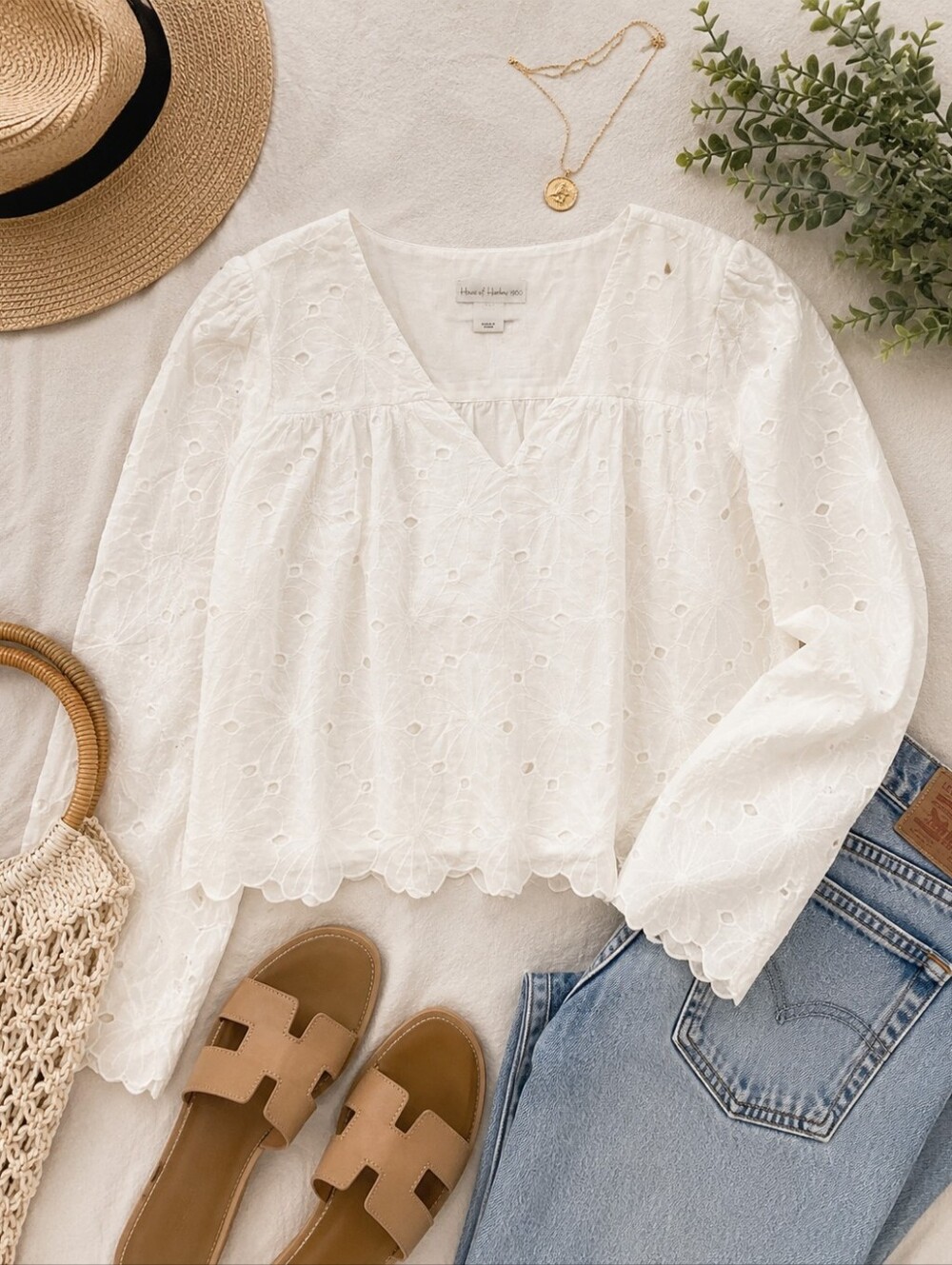 House of Harlow 1960 White Eyelet Embroidered Boho Crop Top Large